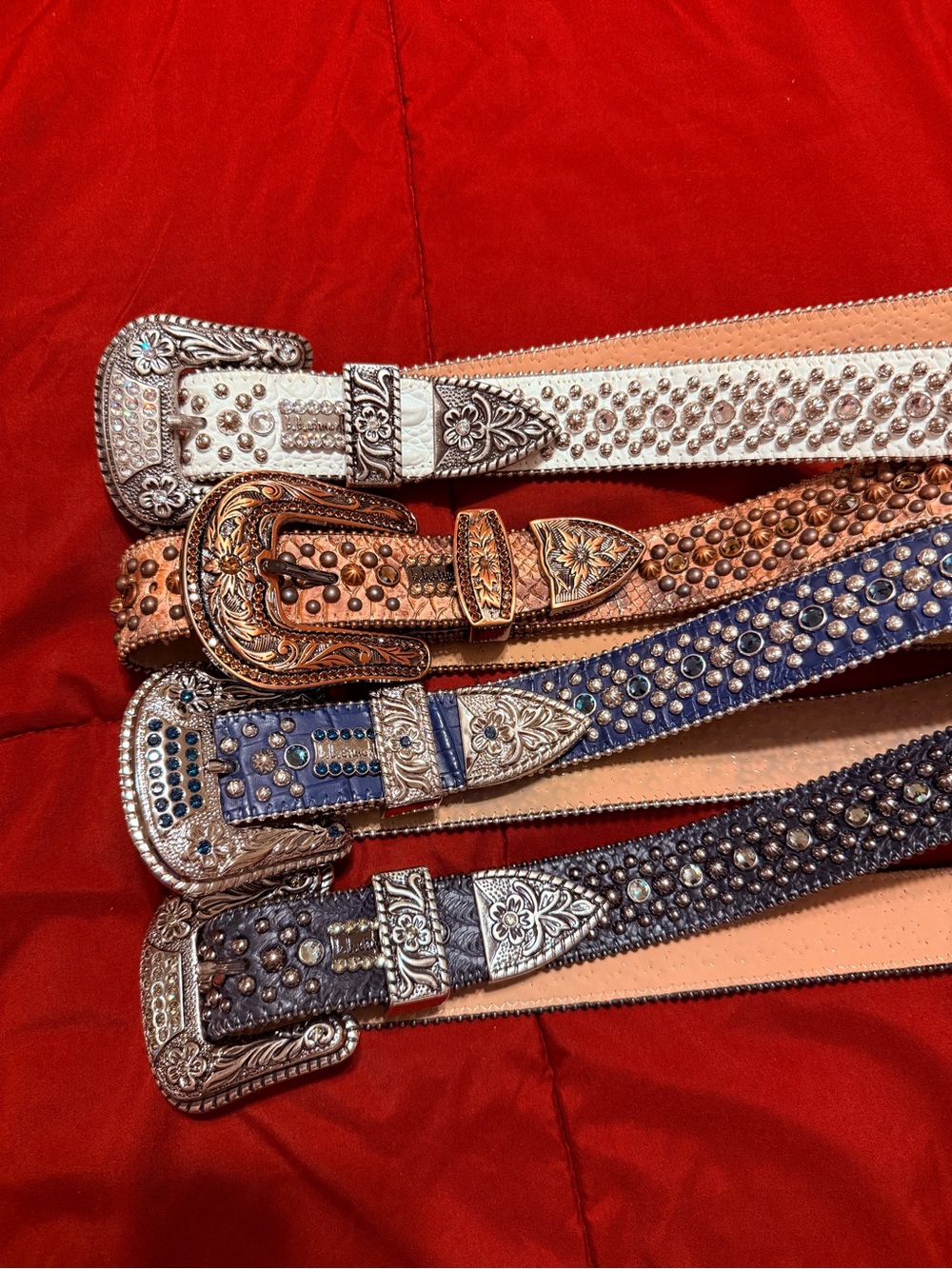 B.B. Simon Studded Western Leather Belts in White, Tan, Blue, and Black